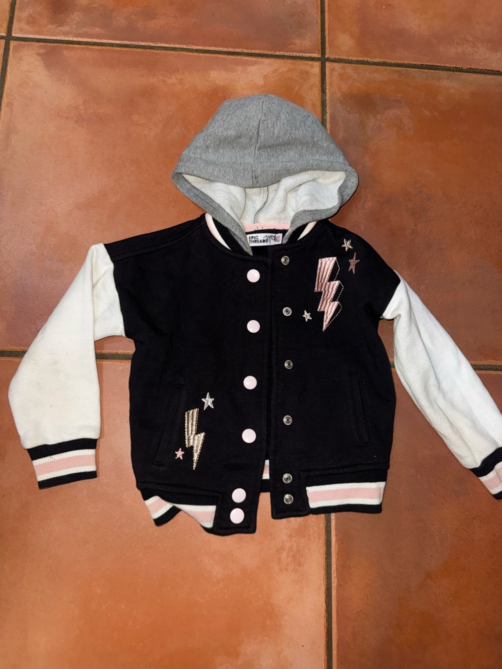 Epic Threads Black & White Hooded Varsity Jacket with Pink Trim